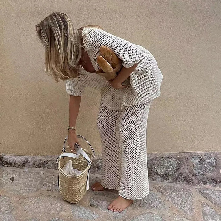 Women’s Crochet Shirt Beach Two Piece Set with Pants