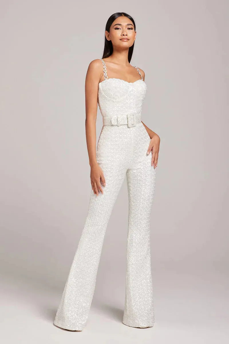 Women's Sequin Belted Jumpsuit With Flared Legs