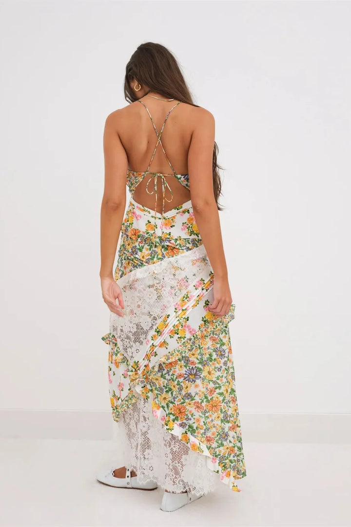 Women’s Floral Asymmetrical Ruffle Maxi Dress with Spaghetti Straps