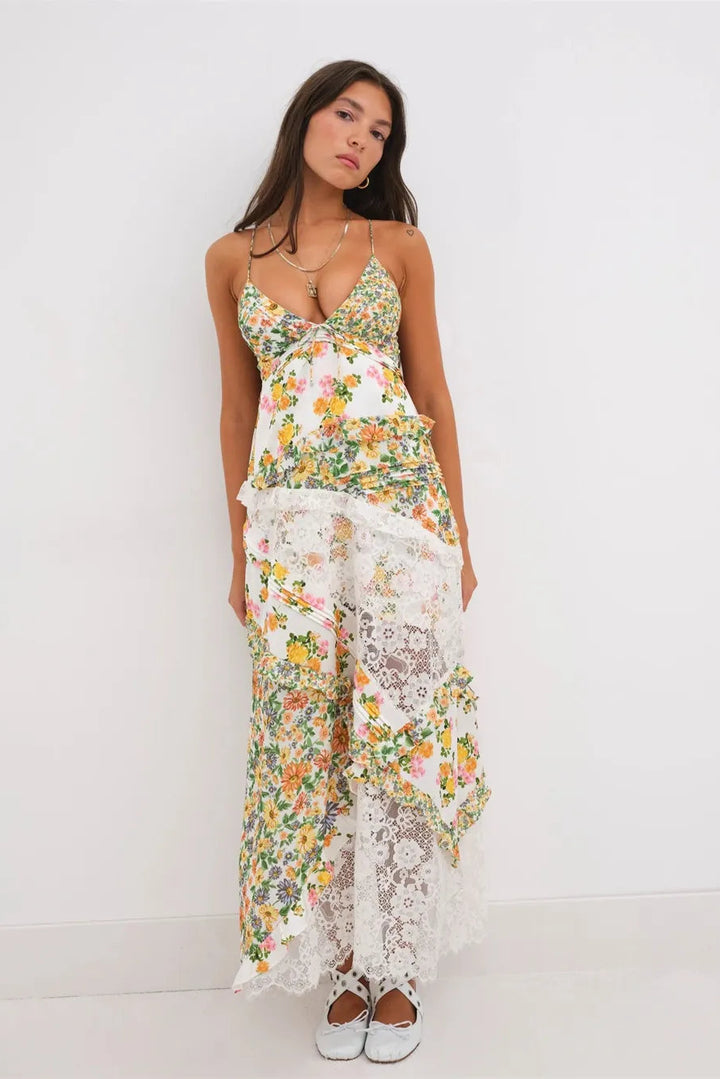 Women’s Floral Asymmetrical Ruffle Maxi Dress with Spaghetti Straps