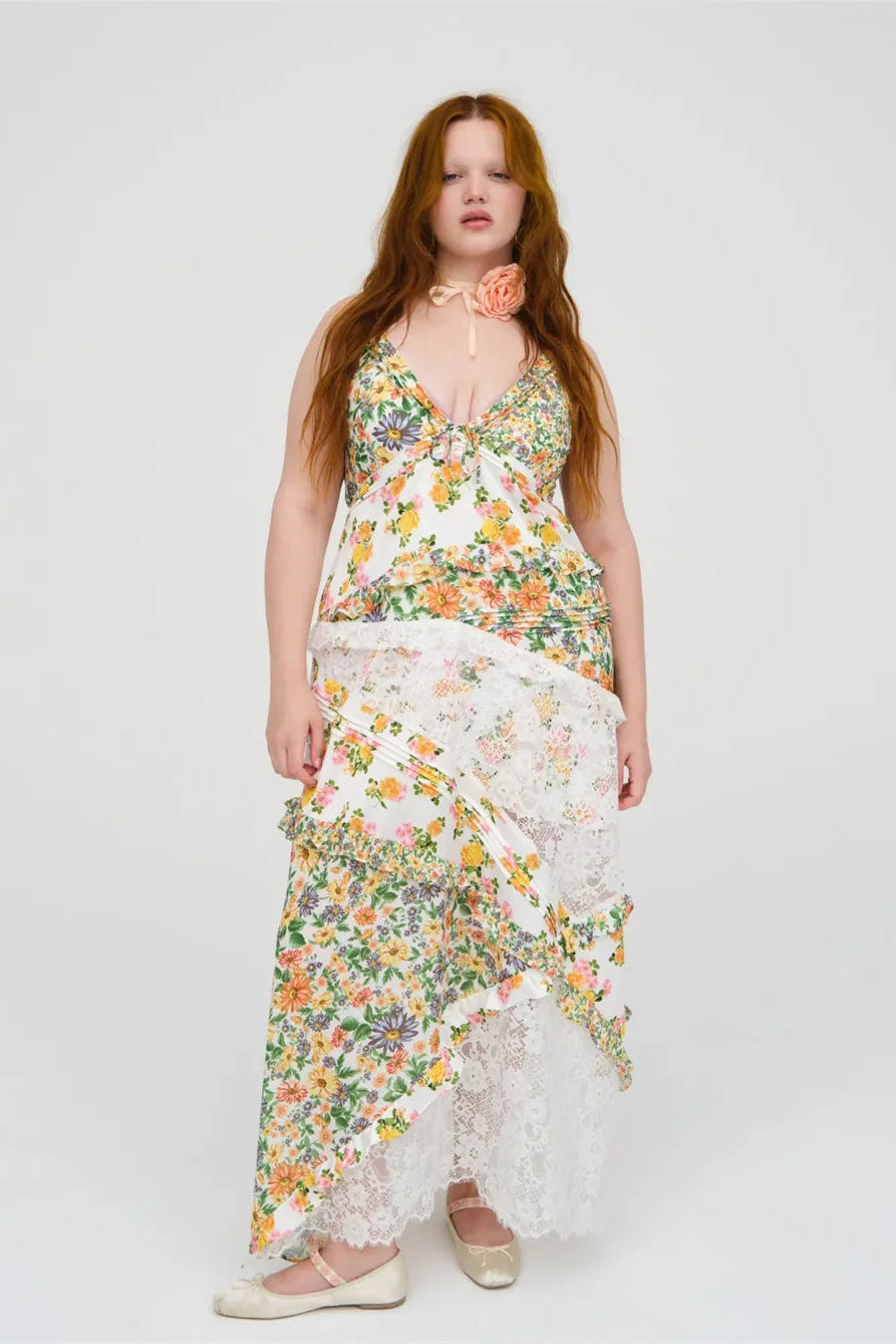 Women’s Floral Asymmetrical Ruffle Maxi Dress with Spaghetti Straps