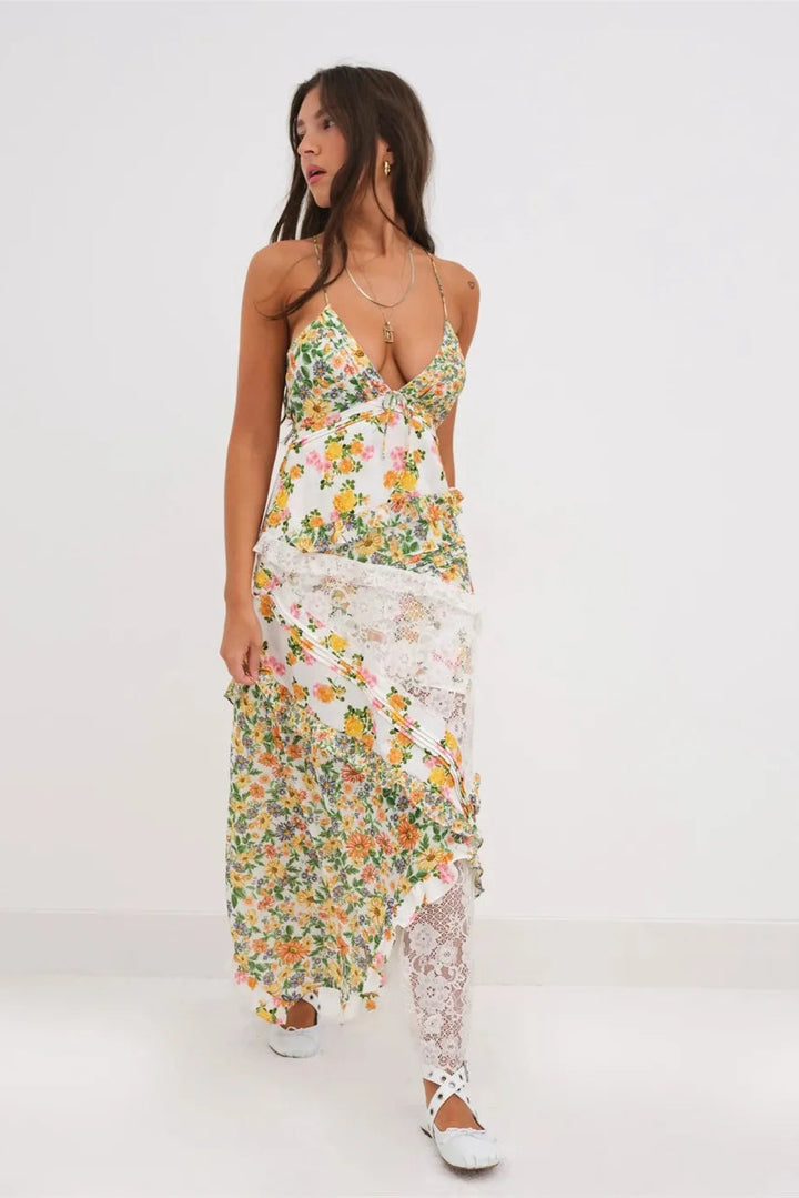 Women’s Floral Asymmetrical Ruffle Maxi Dress with Spaghetti Straps