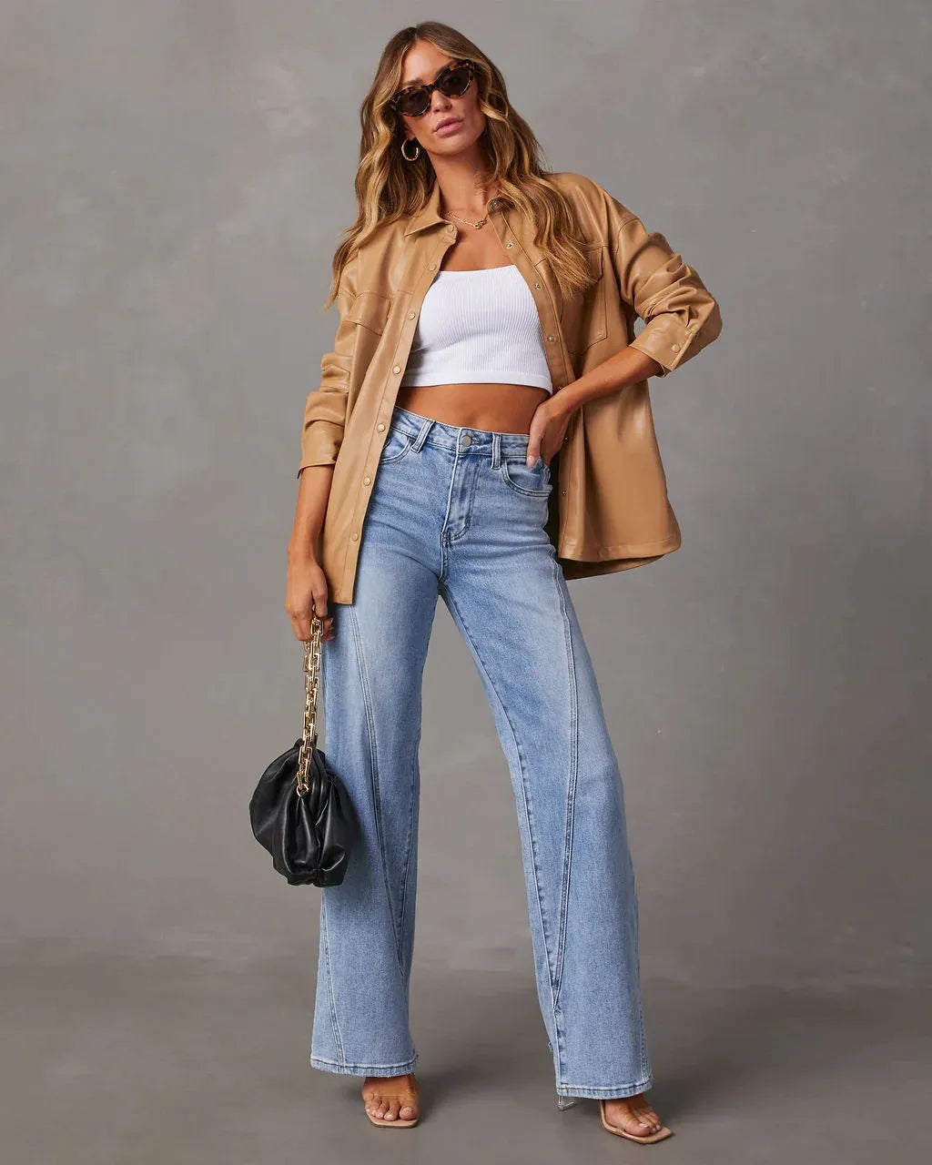 Women’s High Waisted Denim Pants with Flared Wide Legs