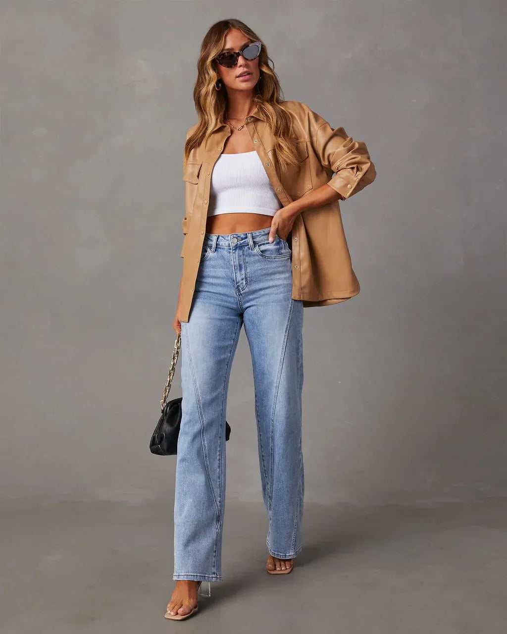 Women’s High Waisted Denim Pants with Flared Wide Legs
