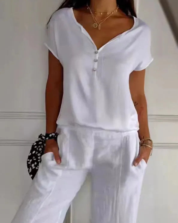 Women’s Button Front V-neck Top with Short Sleeves