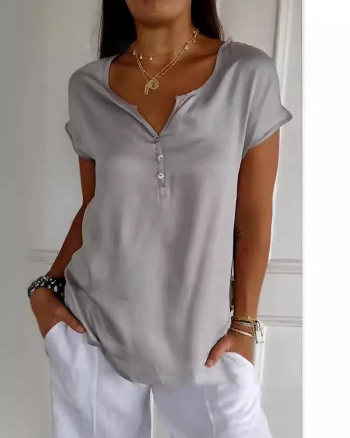 Women’s Button Front V-neck Top with Short Sleeves