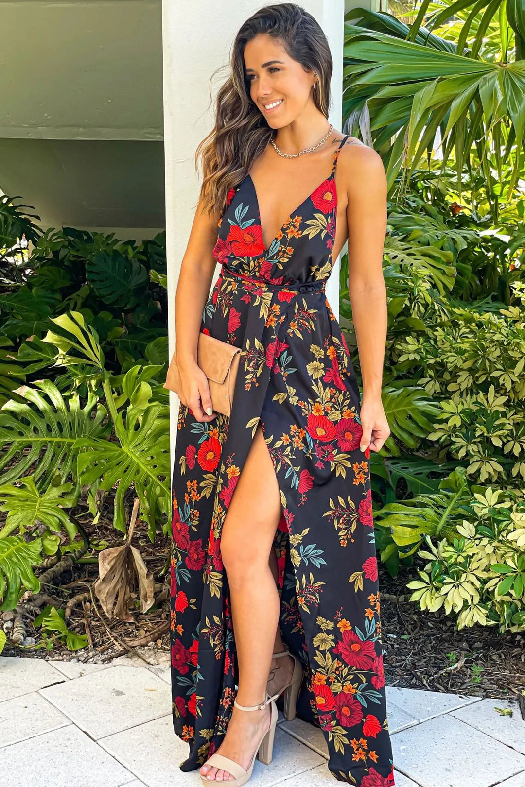 Women’s Deep V-Neck Floral Slit Maxi Dress