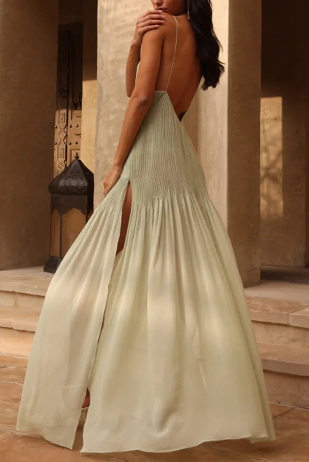 Women’s Pleated Backless Maxi Dress with V-Neck