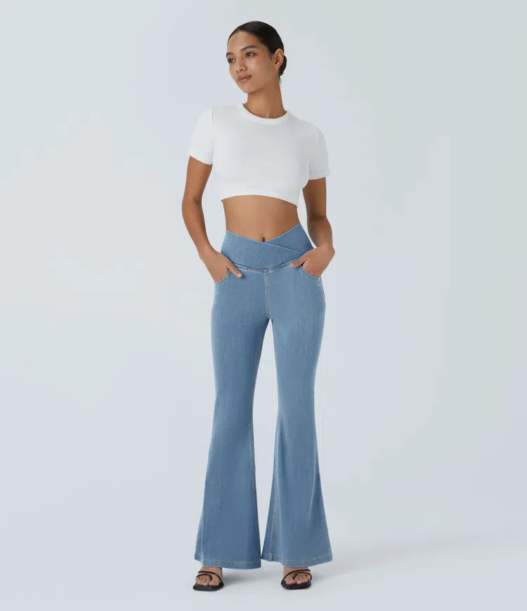 Women’s Flare Pants with High-Rise Crossover Waist and Pockets
