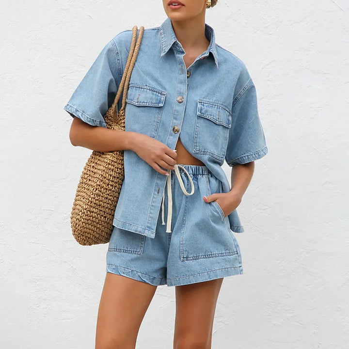Women’s Denim Short-Sleeve Shirt Jacket Two Piece Set with Shorts