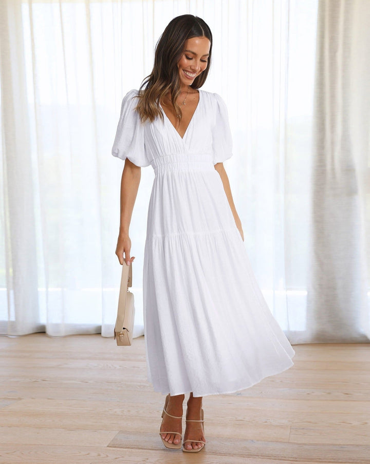Women’s Puff Sleeve Maxi Summer Dress with V-Neck