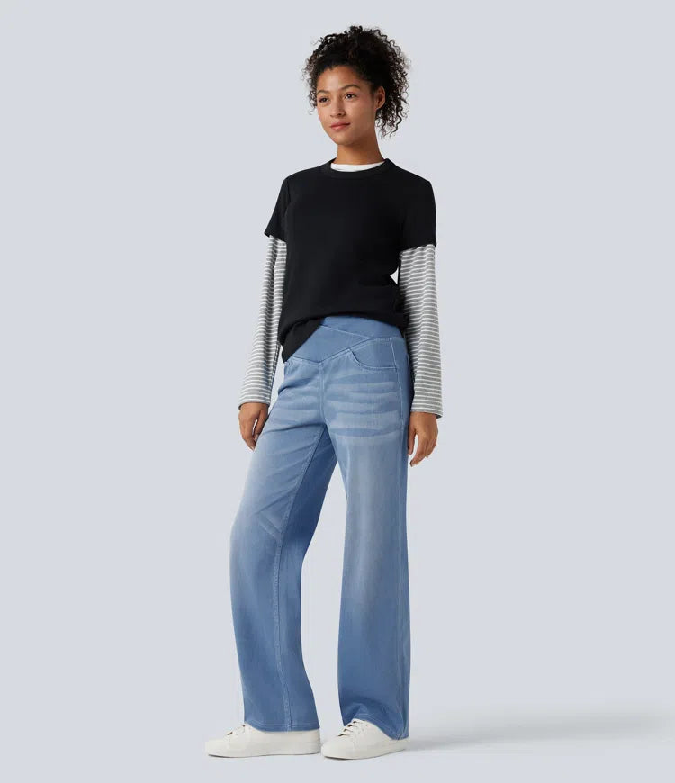 Women’s Crossover High Waisted Tummy Control Jeans with Straight Legs and Pockets