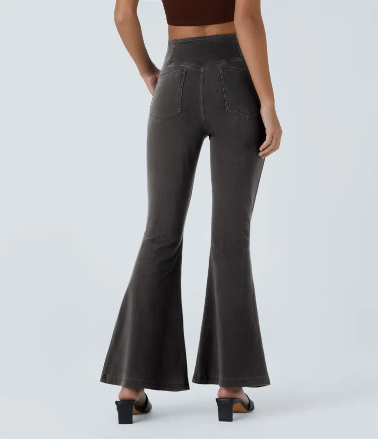 Women’s Flare Pants with High-Rise Crossover Waist and Pockets
