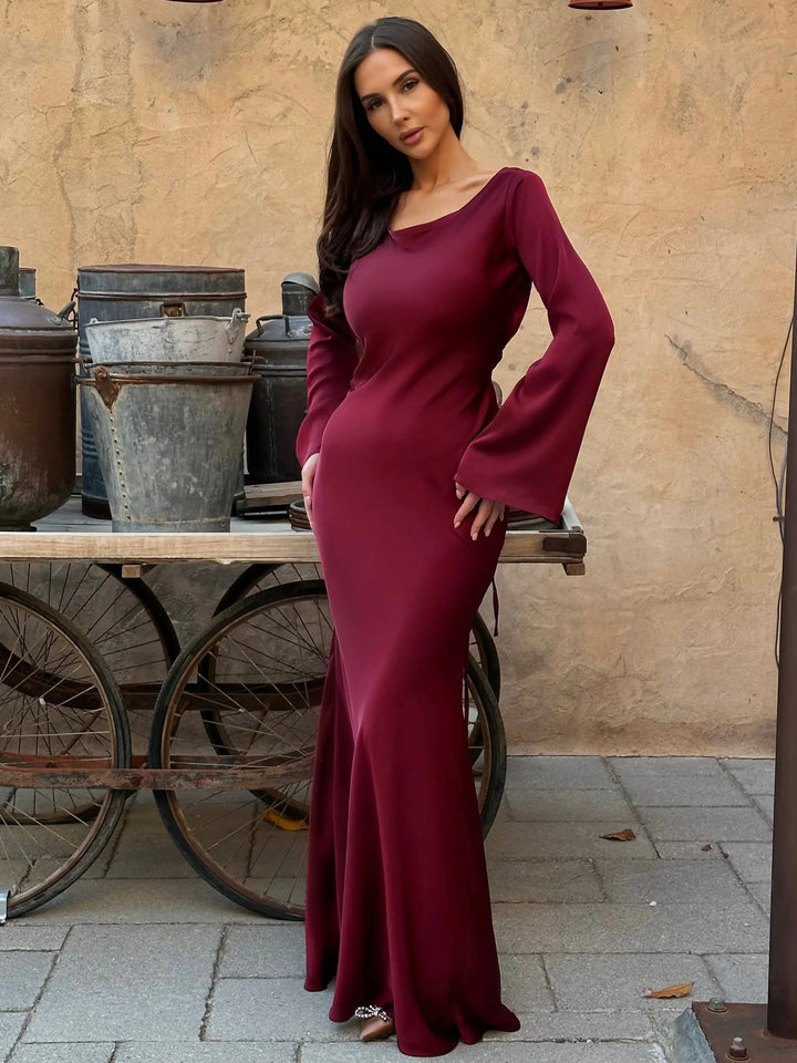 Women’s Satin Lace-Up Waist Maxi Dress with Long Fluted Sleeves