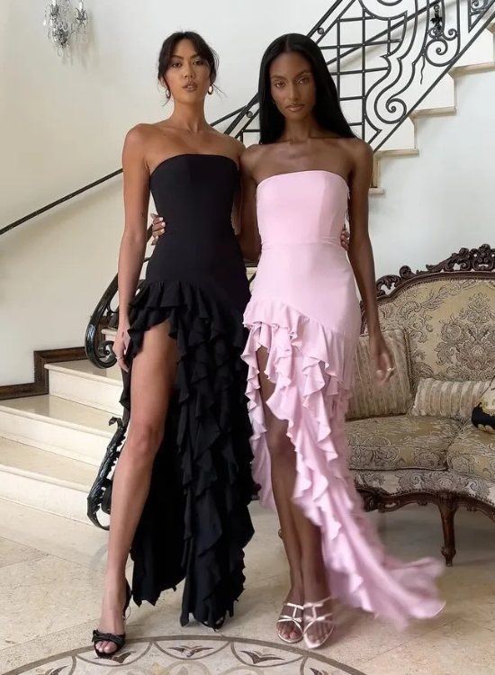 Women’s Strapless Ruffle Maxi Dress with Corset Back
