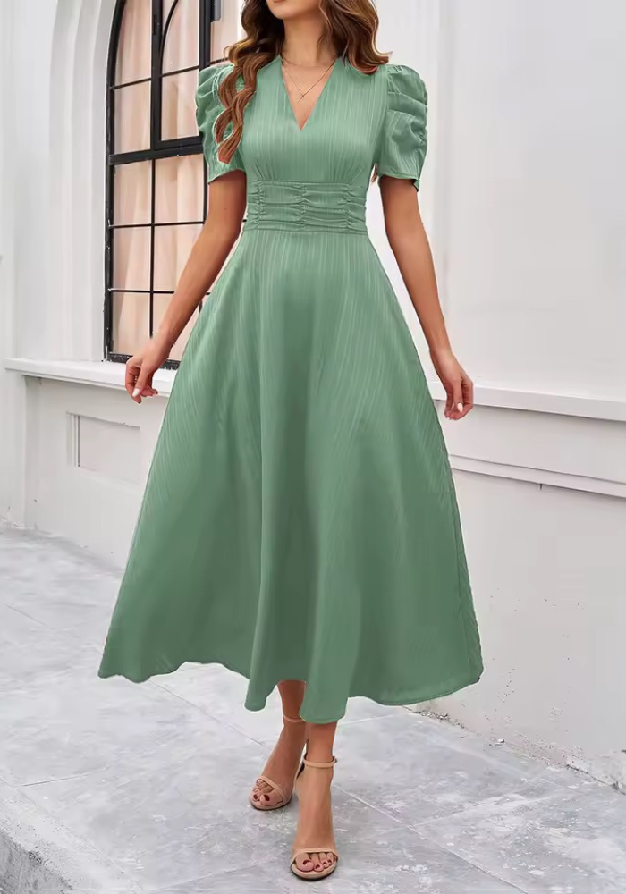 Women’s Puff-Sleeve Midi Dress with V-Neck