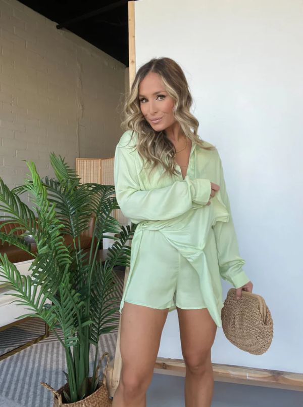 Women’s Long Sleeve Button-Front Shirt Playsuit Dress with Adjustable Waist Tie and Built-In Shorts