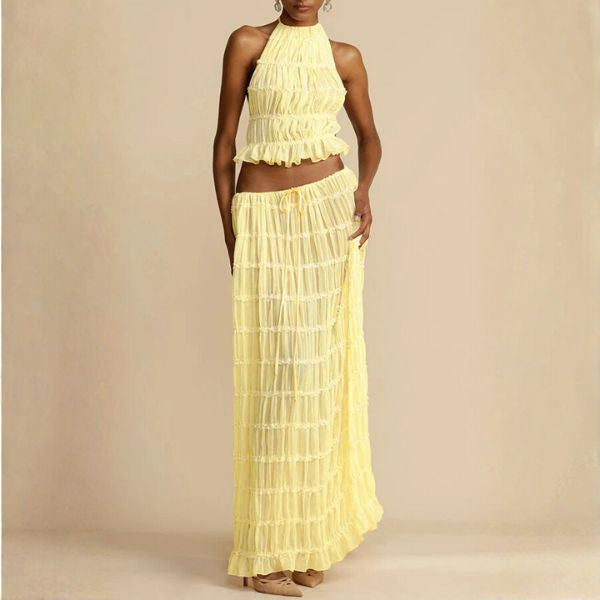 Women’s Ruched Two Piece Set with Halter Top and Maxi Skirt