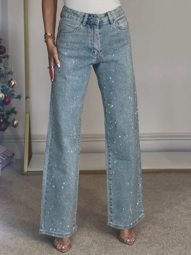Women’s High Waisted Sparkly Denim Pants with Straight Leg Jeans