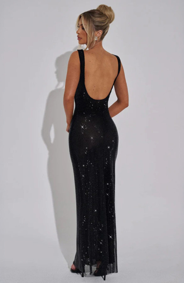 Women’s Square-Neck Embellished Maxi Dress with Open Back