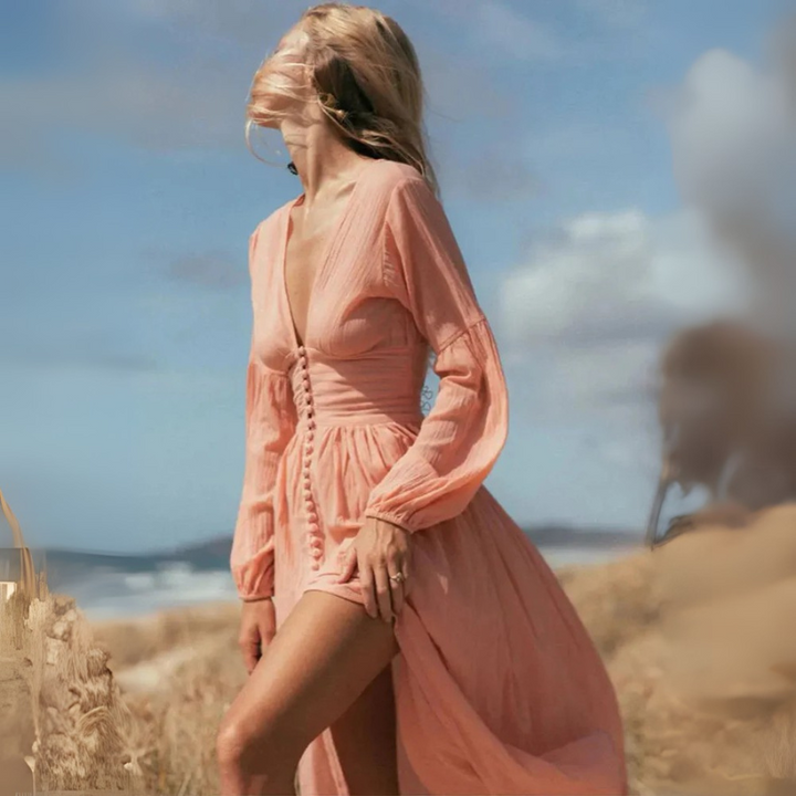 Women’s Boho Maxi Dress with Button Front
