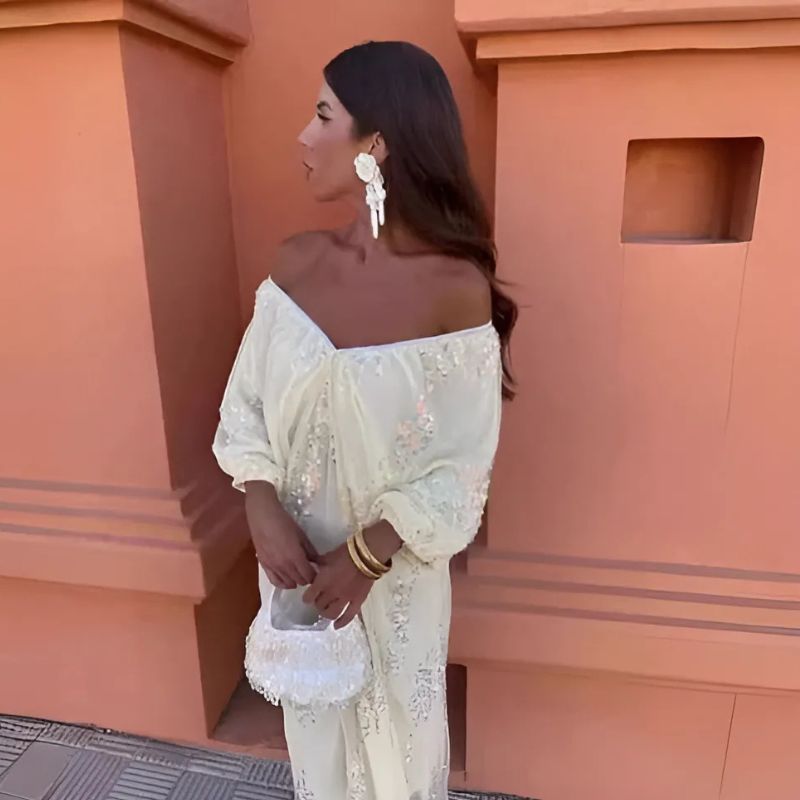 Women’s Off-Shoulder Sequin Maxi Dress with Puff Sleeves