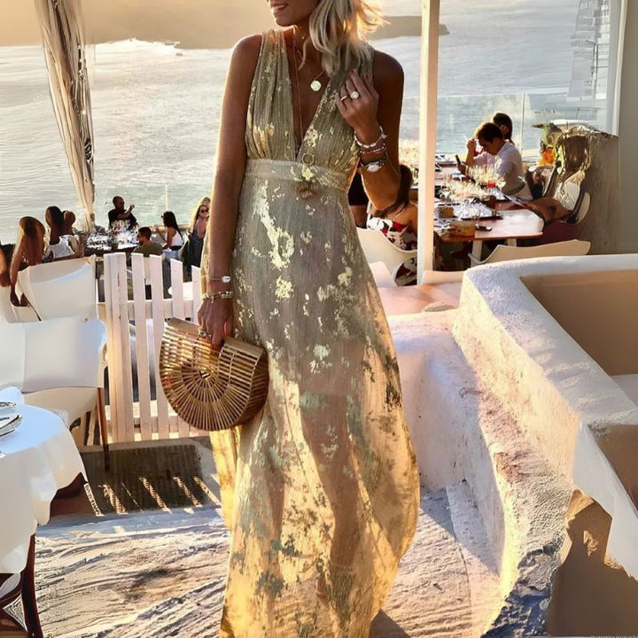 Women’s Boho Cocktail Maxi Dress with V-Neck