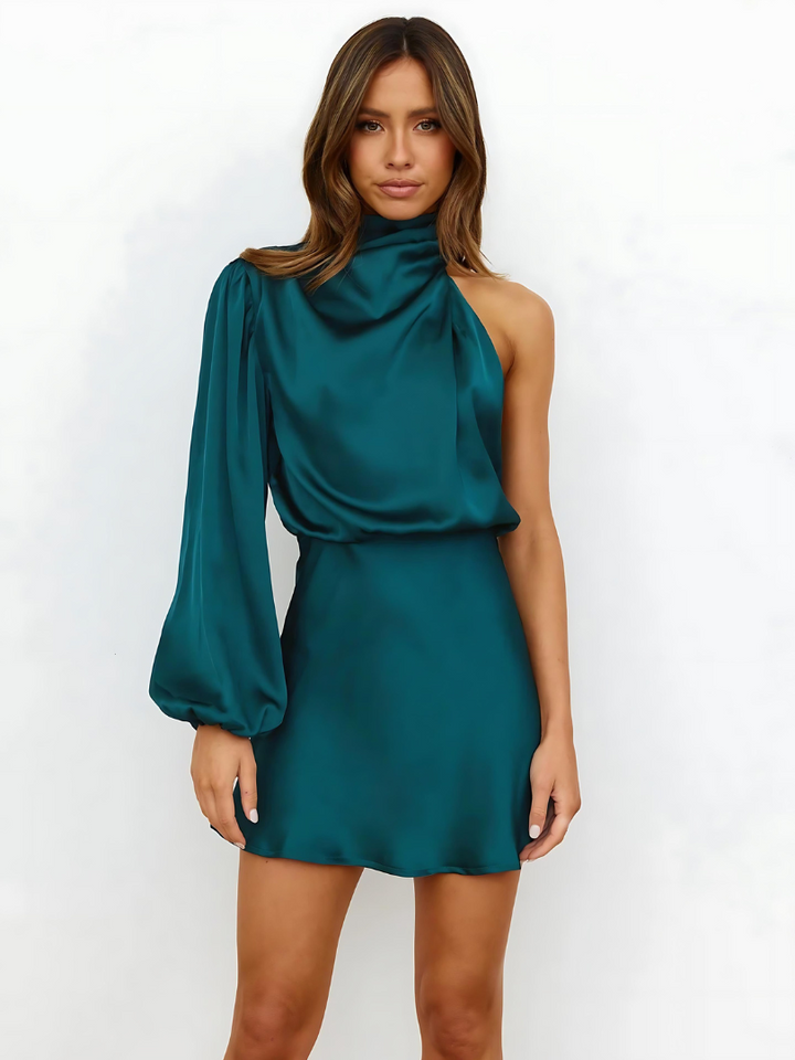 Women's One-Shoulder Satin Mini Dress with Draped Sleeve