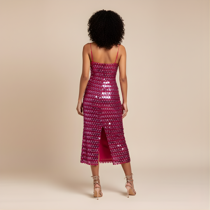 Women’s Sequin Evening Midi Dress with Slim Straps
