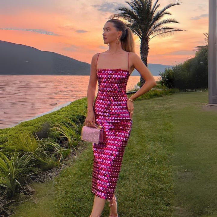 Women’s Sequin Midi Cocktail Dress with Slim Straps