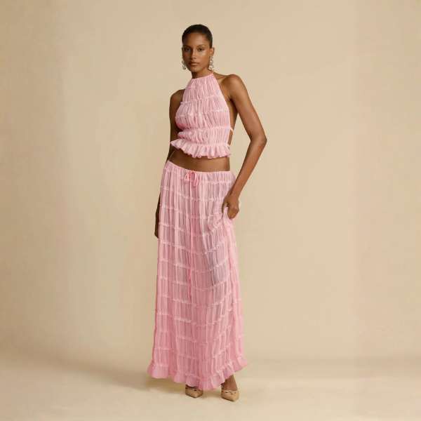 Women’s Ruched Two Piece Set with Halter Top and Maxi Skirt