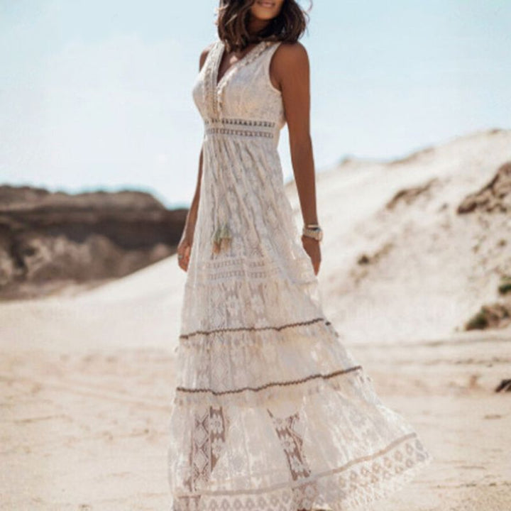 Women’s Sleeveless Boho Maxi Dress with V-neck