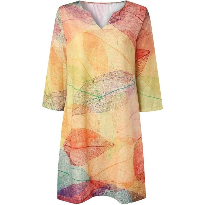 Women’s V-Neck A-Line Printed Mini Dress with Three-quarter Sleeves