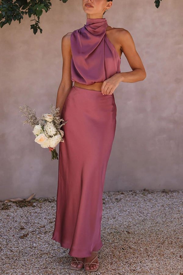 Women’s Satin Draped Halter Top Two-Piece Set with Maxi Skirt