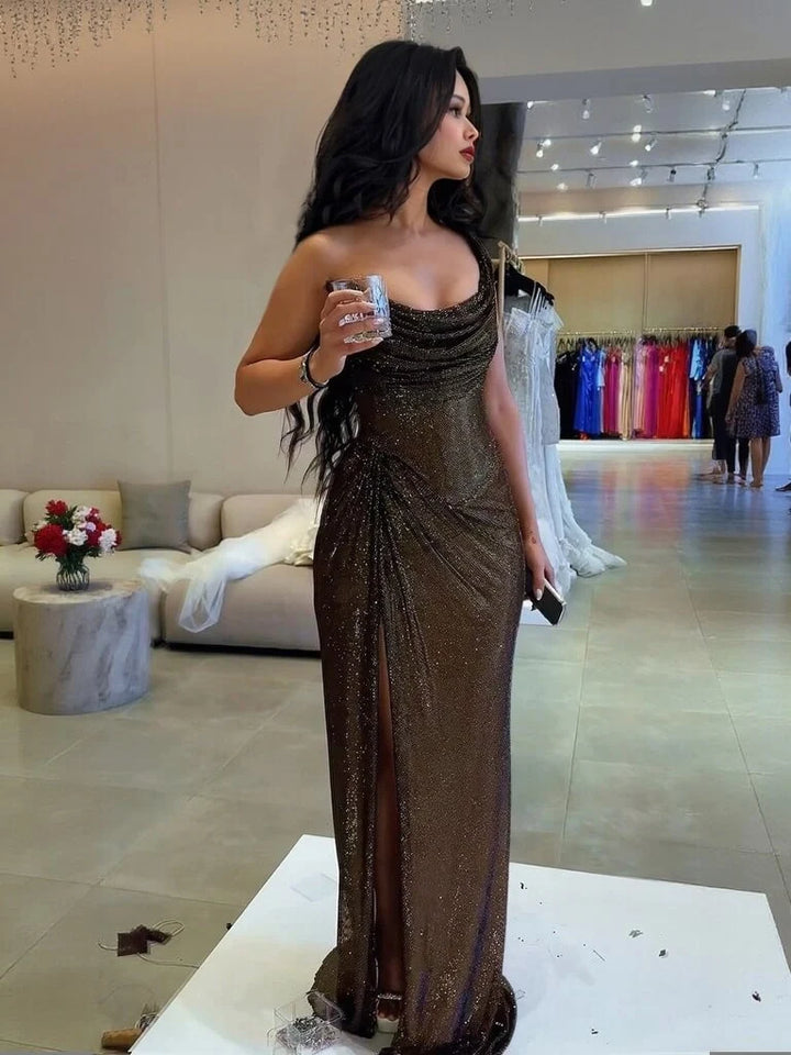 Women’s One-Shoulder Sequin Draped Evening Gown with Cowl Neck