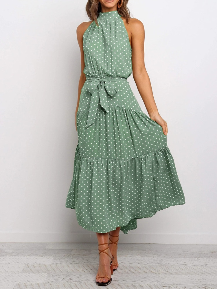 Polka Dot Midi Dress with Halter Neck and Waist Tie
