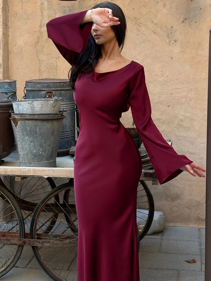 Women’s Satin Lace-Up Waist Maxi Dress with Long Fluted Sleeves