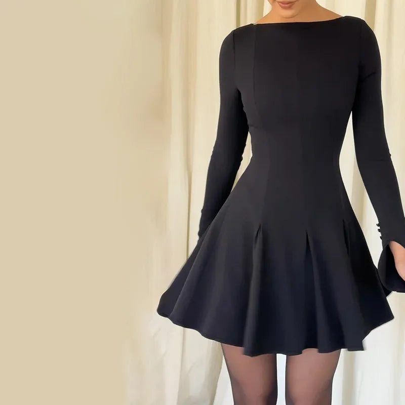 Women’s Long Sleeve Boat Neck Mini Dress with Flared Skirt and Cuff Buttons