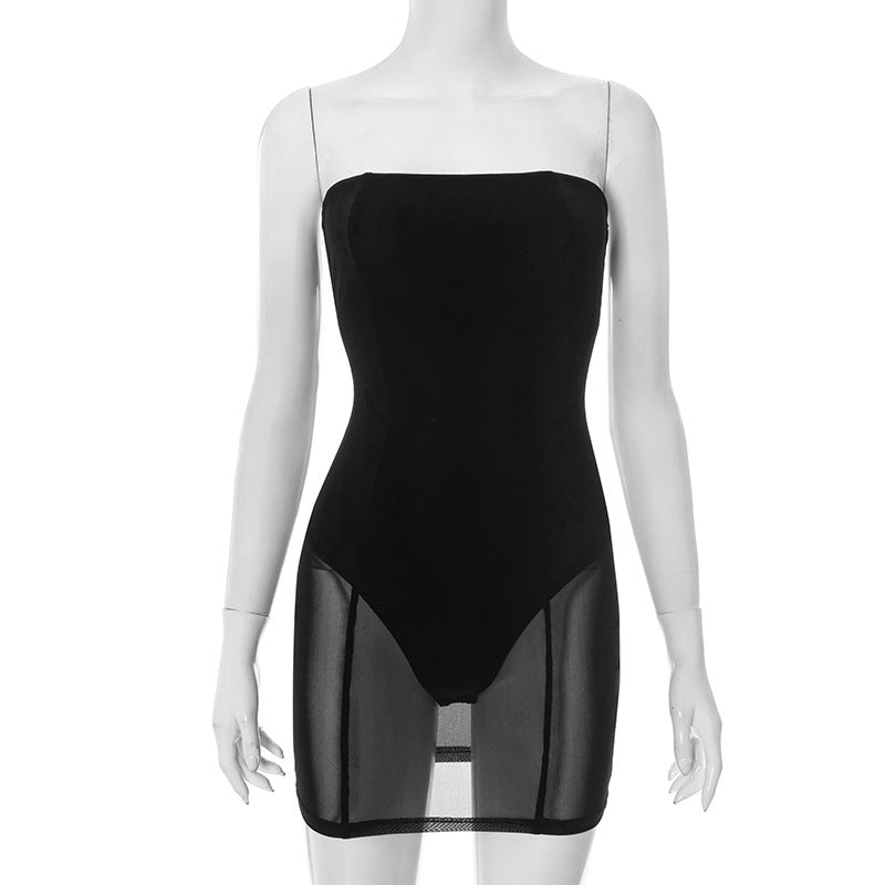 Women’s Strapless Sheer Mini Dress with Built-In One-Piece