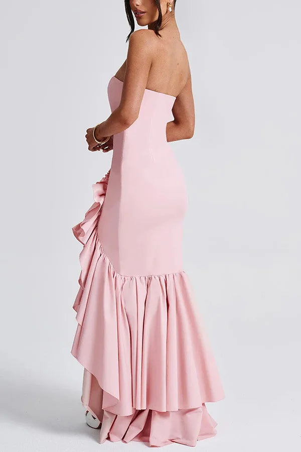 Women’s Strapless Ruffle Corset Maxi Dress with Asymmetrical Hem