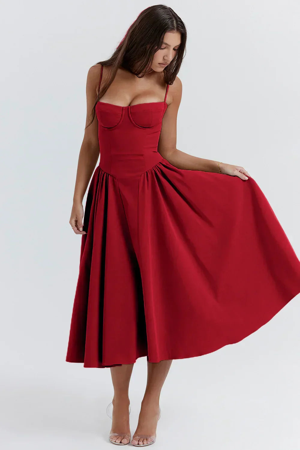Women’s Bustier Midi Dress with Full Gathered Skirt