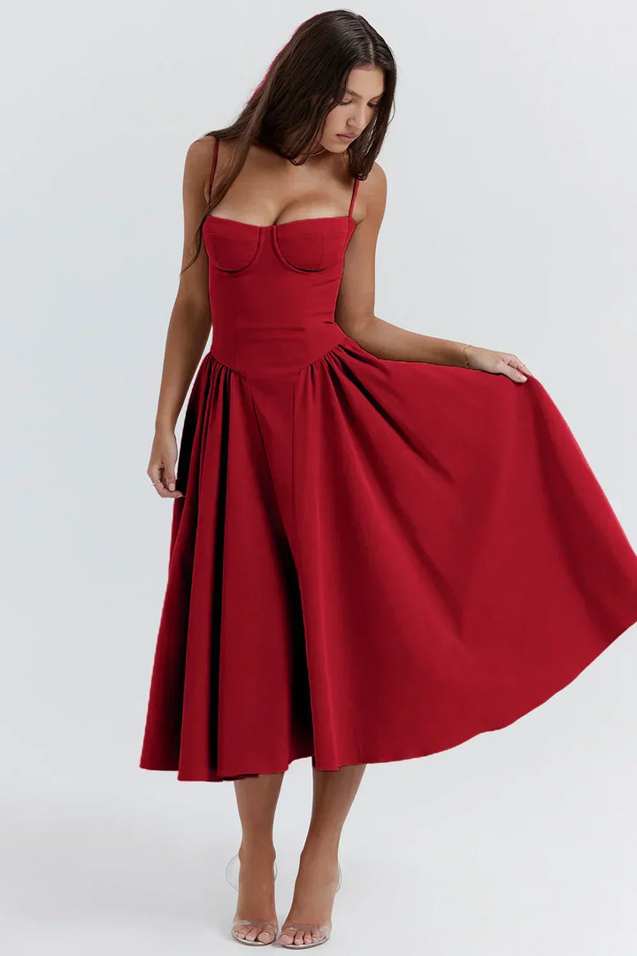 Women’s Bustier Midi Dress with Full Gathered Skirt
