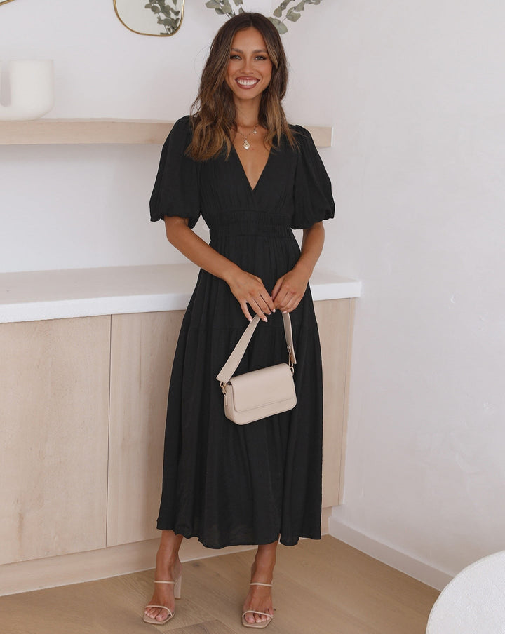 Women’s Puff Sleeve Maxi Summer Dress with V-Neck