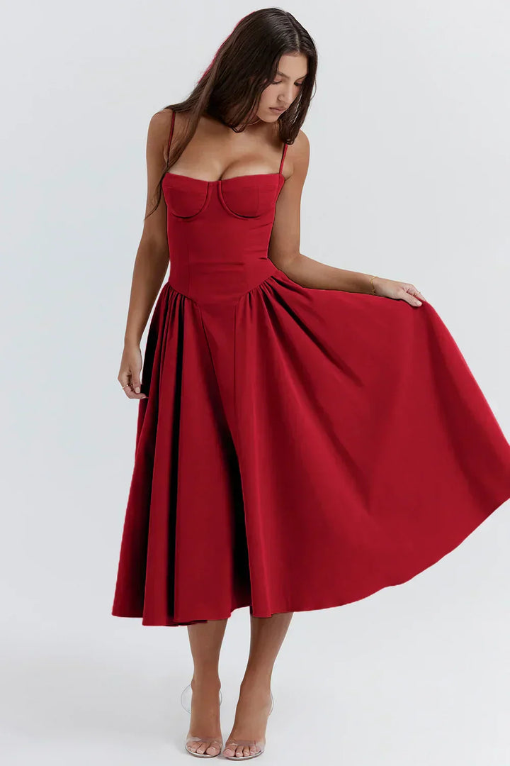 Women’s Bustier Midi Dress with Full Gathered Skirt