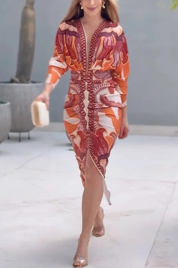 Women’s V-Neck Printed Ruched Midi Dress with Split