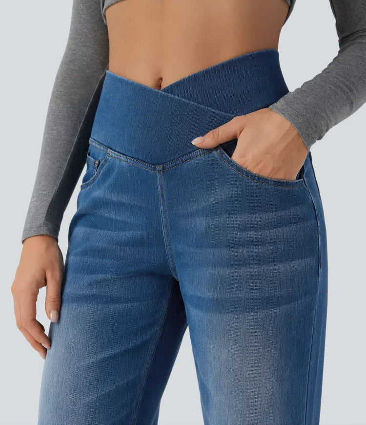 Women’s Crossover High Waisted Tummy Control Jeans with Straight Legs and Pockets