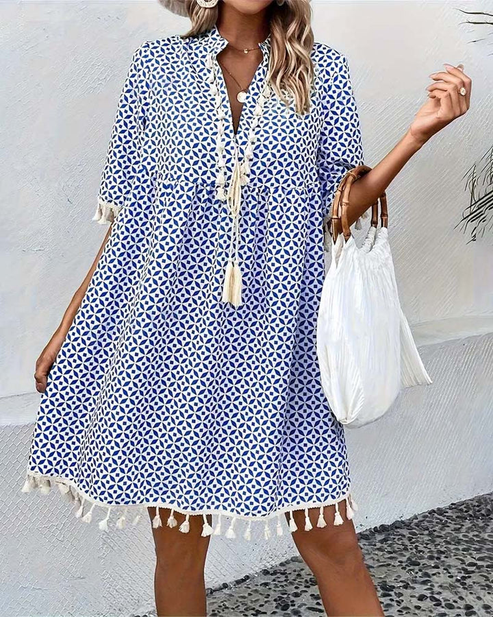 Women’s Printed Mini Summer Dress with Short Sleeves and Tassel Trim