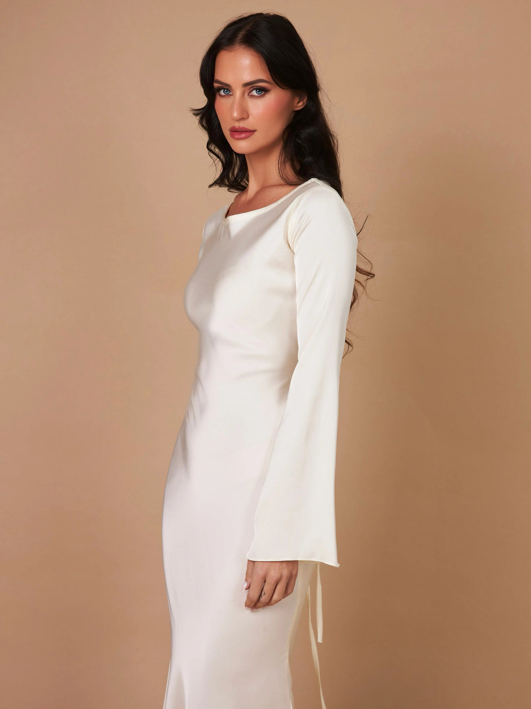 Women’s Satin Lace-Up Waist Maxi Dress with Long Fluted Sleeves