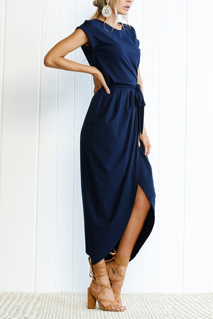 Women’s Short-Sleeve Midi Dress with Waist Tie