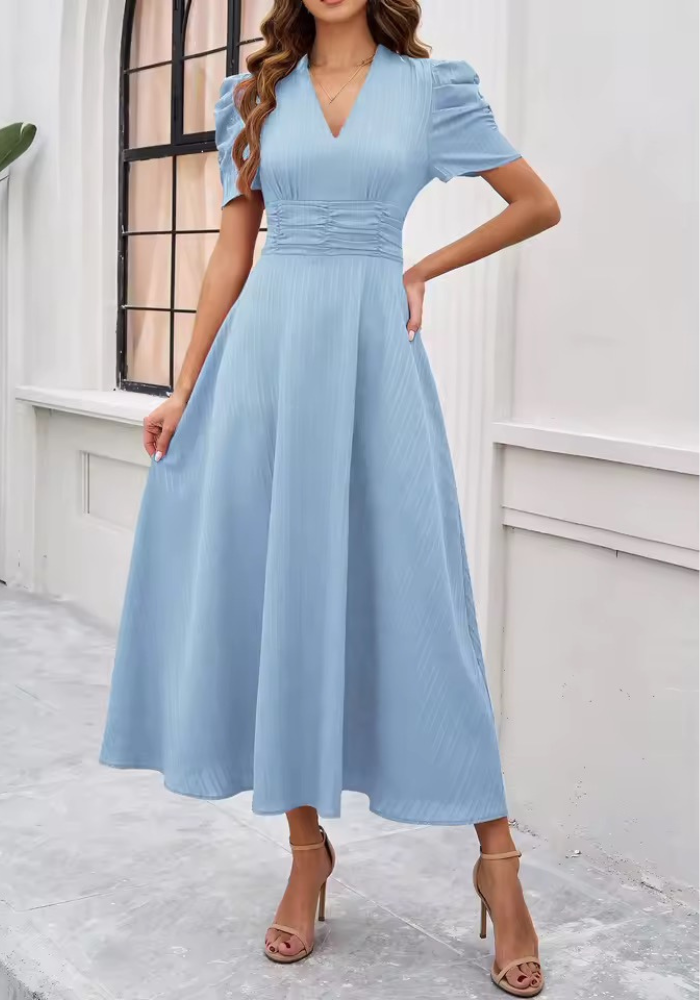 Women’s Puff-Sleeve Midi Dress with V-Neck